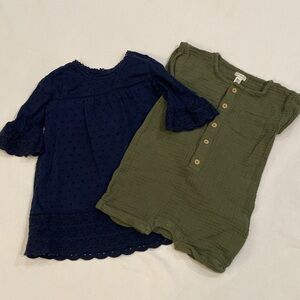 Baby GAP blue Swiss dot dress and Wonderly green muslin cotton romper SIZE 18M